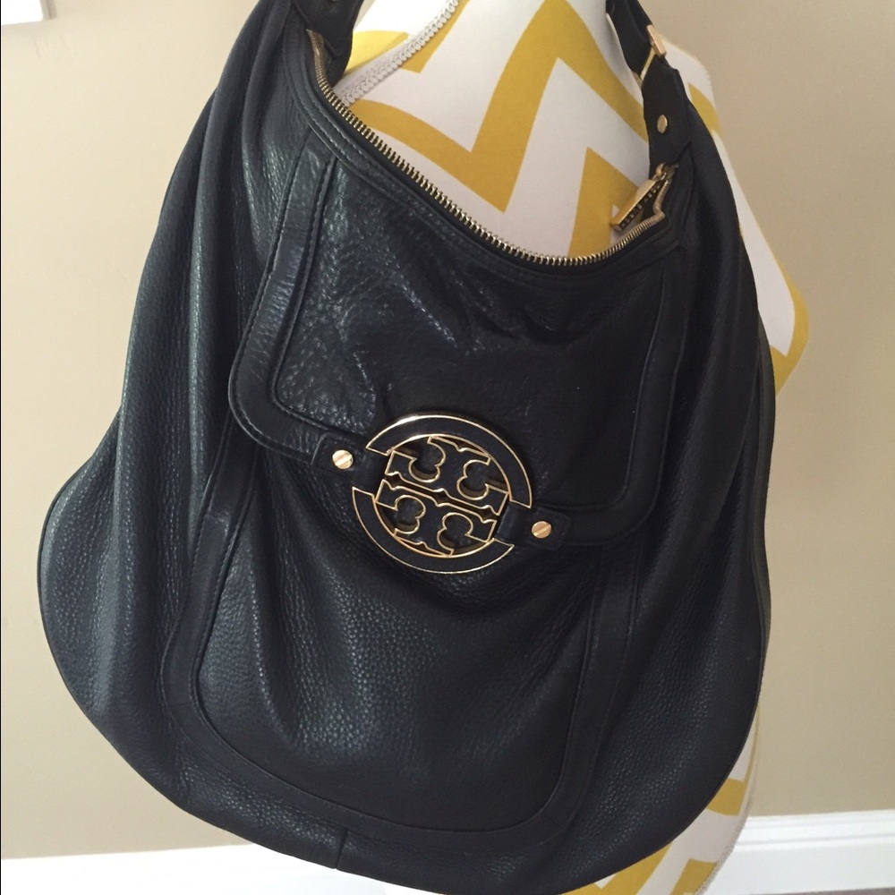 Tory Burch Black Leather Hobo with Gold Logo Hardware